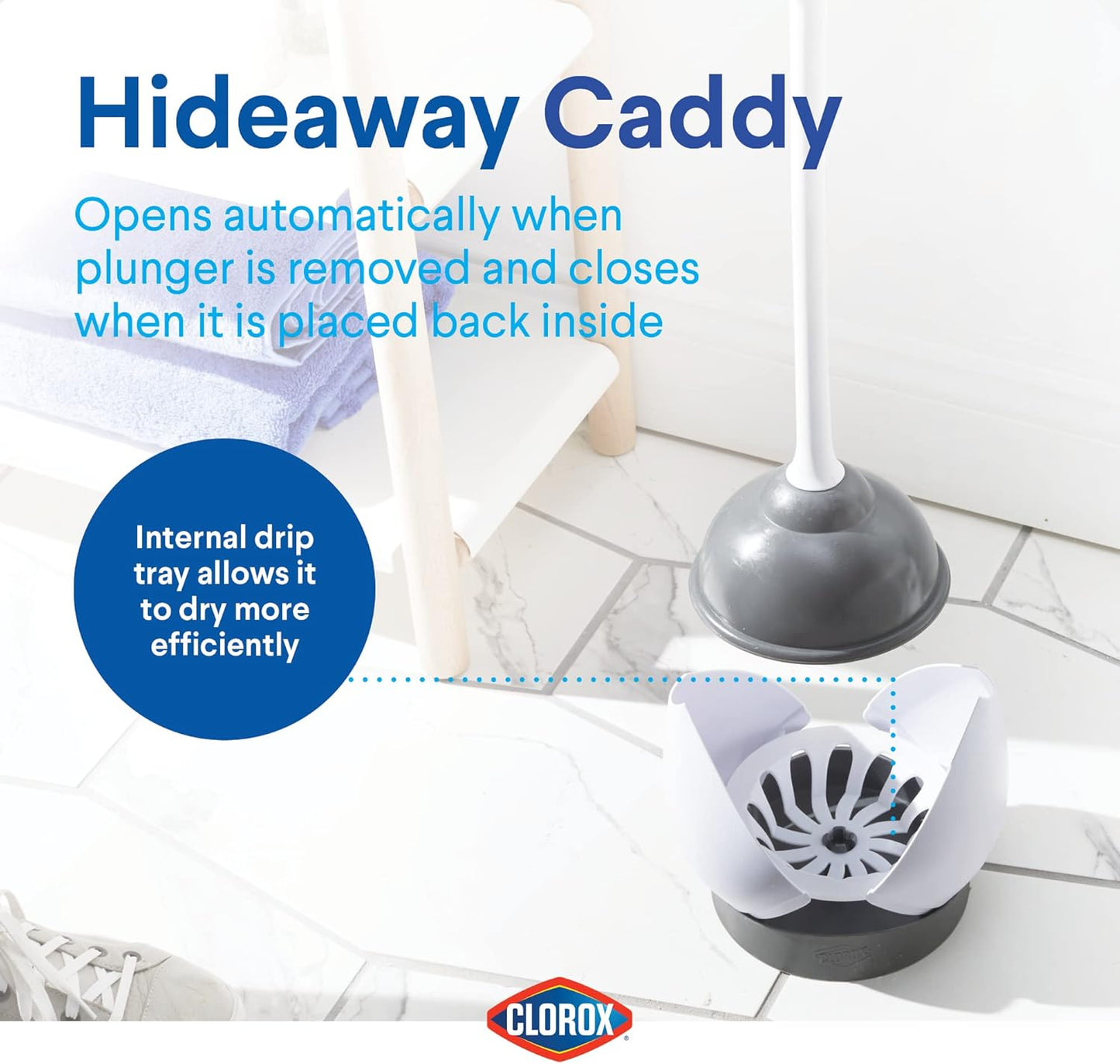 Clorox Toilet Plunger with Hideaway Caddy, Set of 2 – for Bathroom Organization and Storage, Bathroom Accessories, Toilet Unclogger, with Holder, White