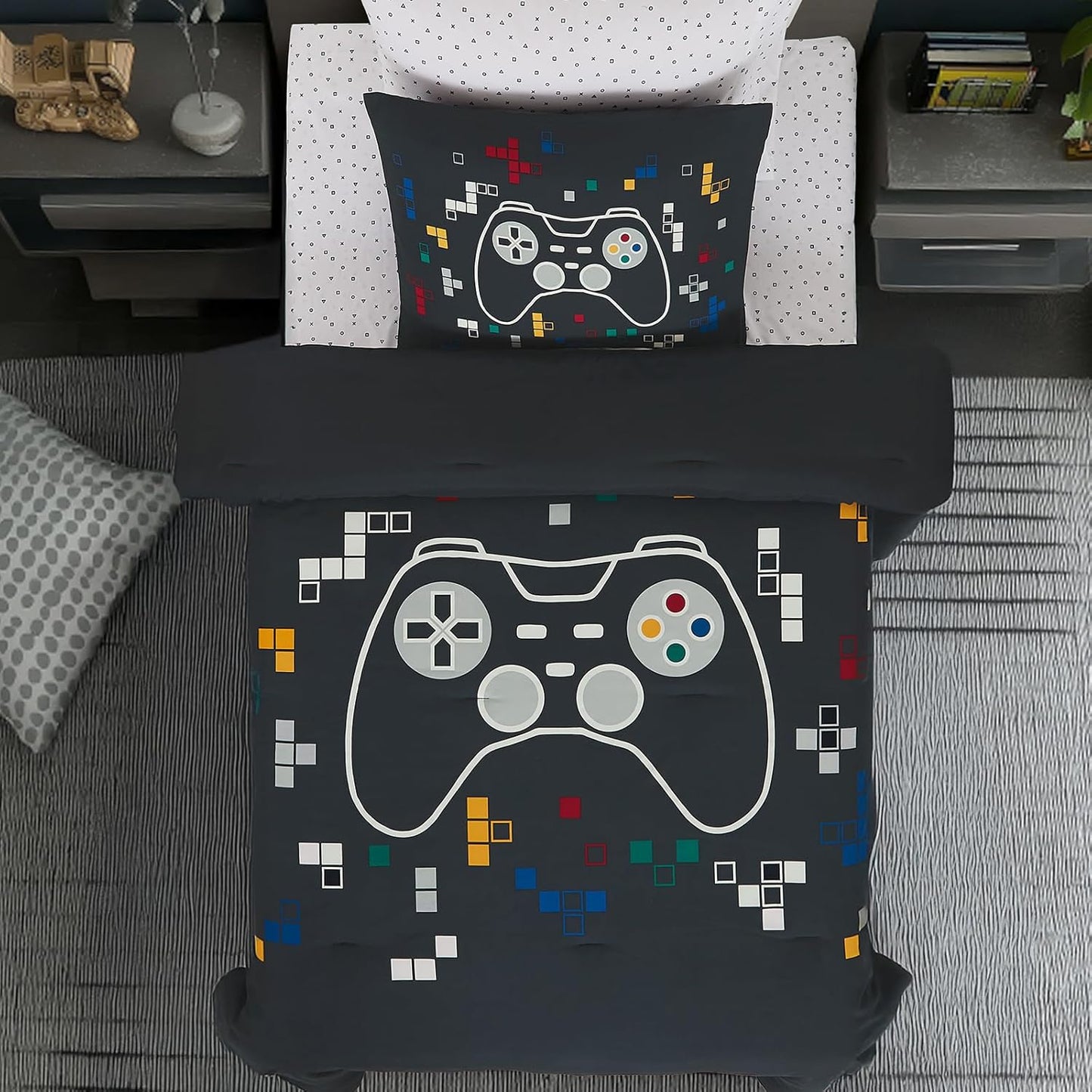 Twin Comforter Set for Boys-5 Pieces Gamer Glow in The Dark Twin Bedding Sets for Kids, Ultra Soft Bed in A Bag with Sheets