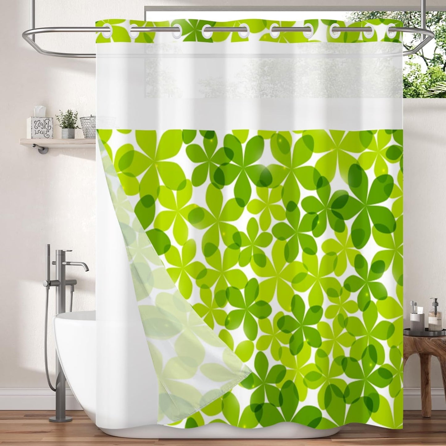 Green Flower Shower Curtain No Hooks with Snap-in Fabric Liner Set,Spring Leaves Shower Curtain for Bathroom,Hotel Decor Waterproof Shower Curtains,with See Through Top Window,71W x 74H