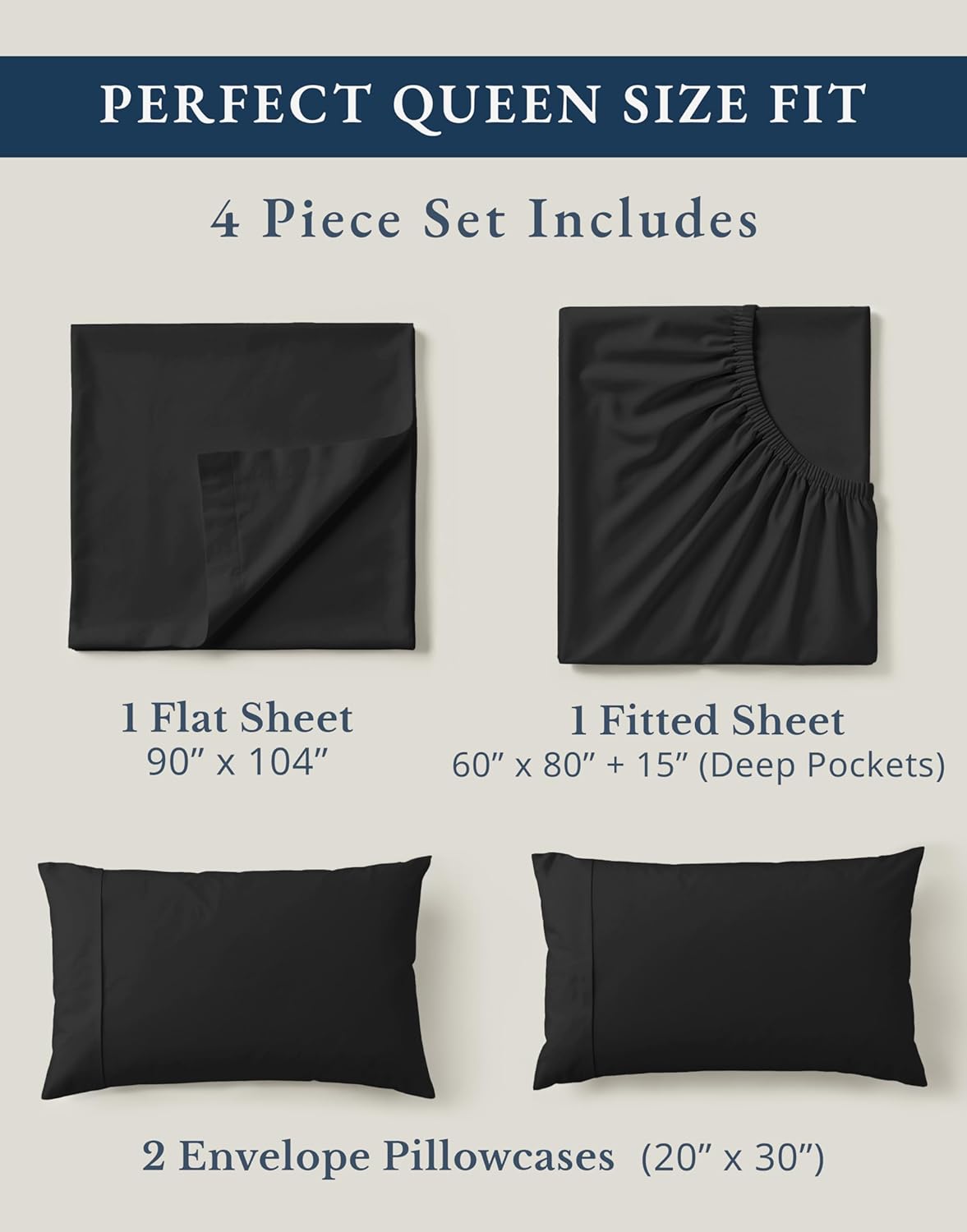 LANE LINEN 100% Organic Cotton Queen Size Sheets Set, Machine Wash Fully Elasticized Naturally Cooling Percale Weave Queen Size Deep Pocket Sheet Sets, Low Pill Eco Friendly Bed Sheets- Black