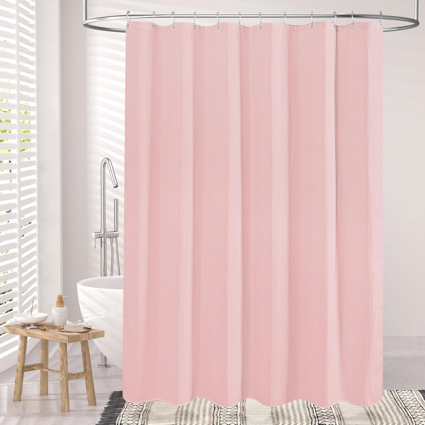 AmazerBath Waffle Shower Curtain, Blush Pink Fabric Long With Waffle Weave, Heavy Duty Hotel Quality for Bathroom, 72 x 78 Inches
