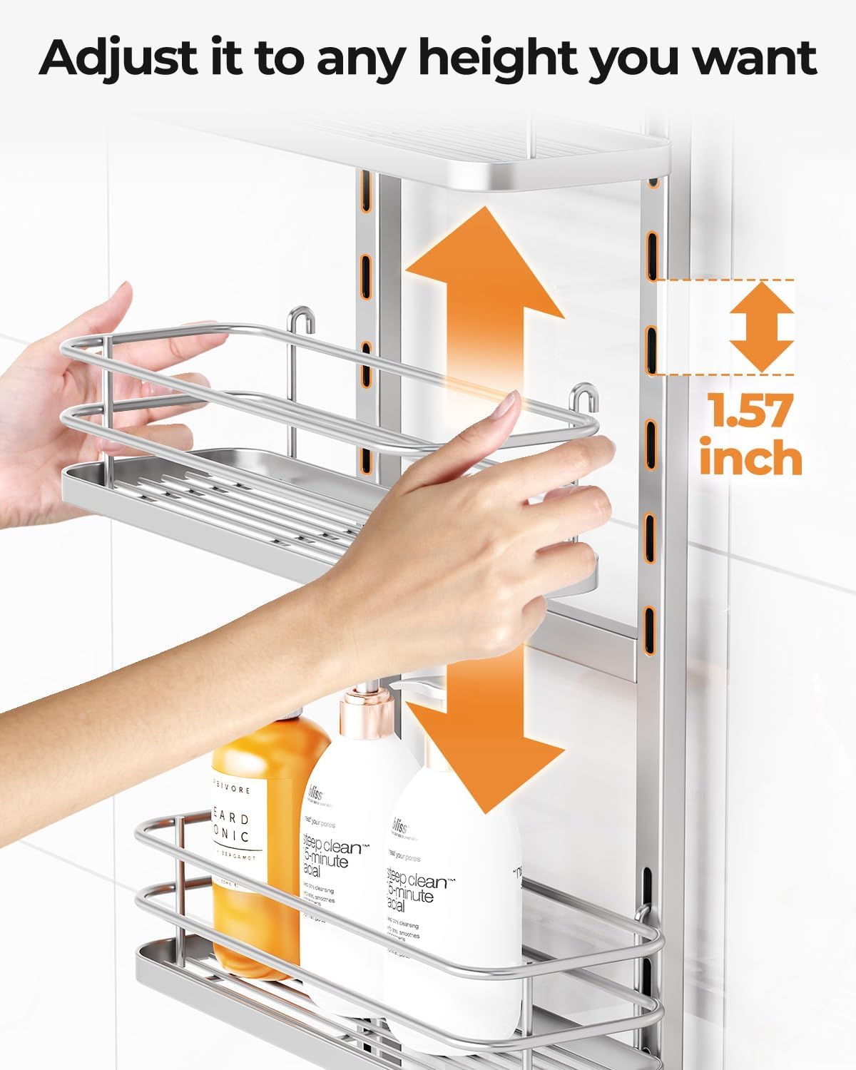 ODesign 3 Tier Height-Adjustable Shower Caddy Hanging Anti-Swing-Over The Shower Head Caddy-Storage Organizer Bathroom Shelves Basket-Silver