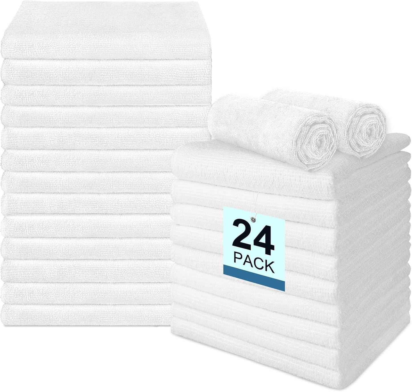 24 Pack Hand Towels Set - Highly Absorbent and Quick Drying Microfiber Gym Towels, Premium Wash Cloths for Bathroom, Salon, Gym, Shower, Hotel, and Spa - 16x27 inch (White)