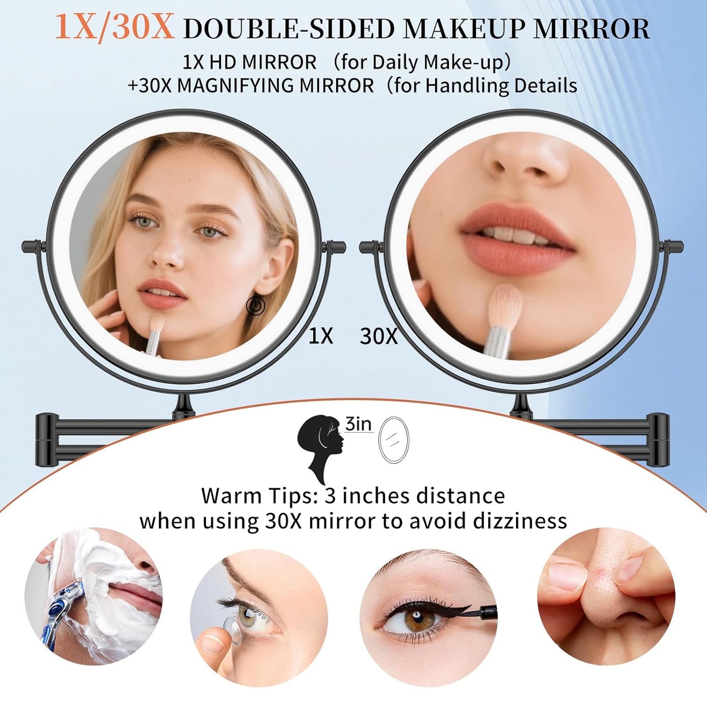 FUNTOUCH 9" 1X/30X Wall Mounted Lighted Makeup Mirror, 4500mAh Rechargeable Double Sided Magnifying Mirror with Light, 3 Color Lights,Touch Dimmable, 360 Rotation Extended Arm for Bathroom,Black