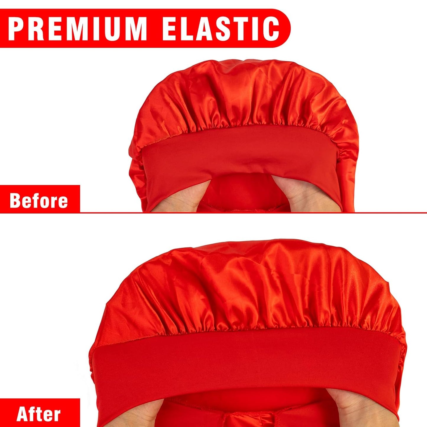 2Pcs Bonnets for Black Women Braid Bonnet, Large Long Satin Bonnet for Braids, Silk Bonnet with Stretchy Tie Band Sleep Cap Hair (2Pcs-Black&Red)