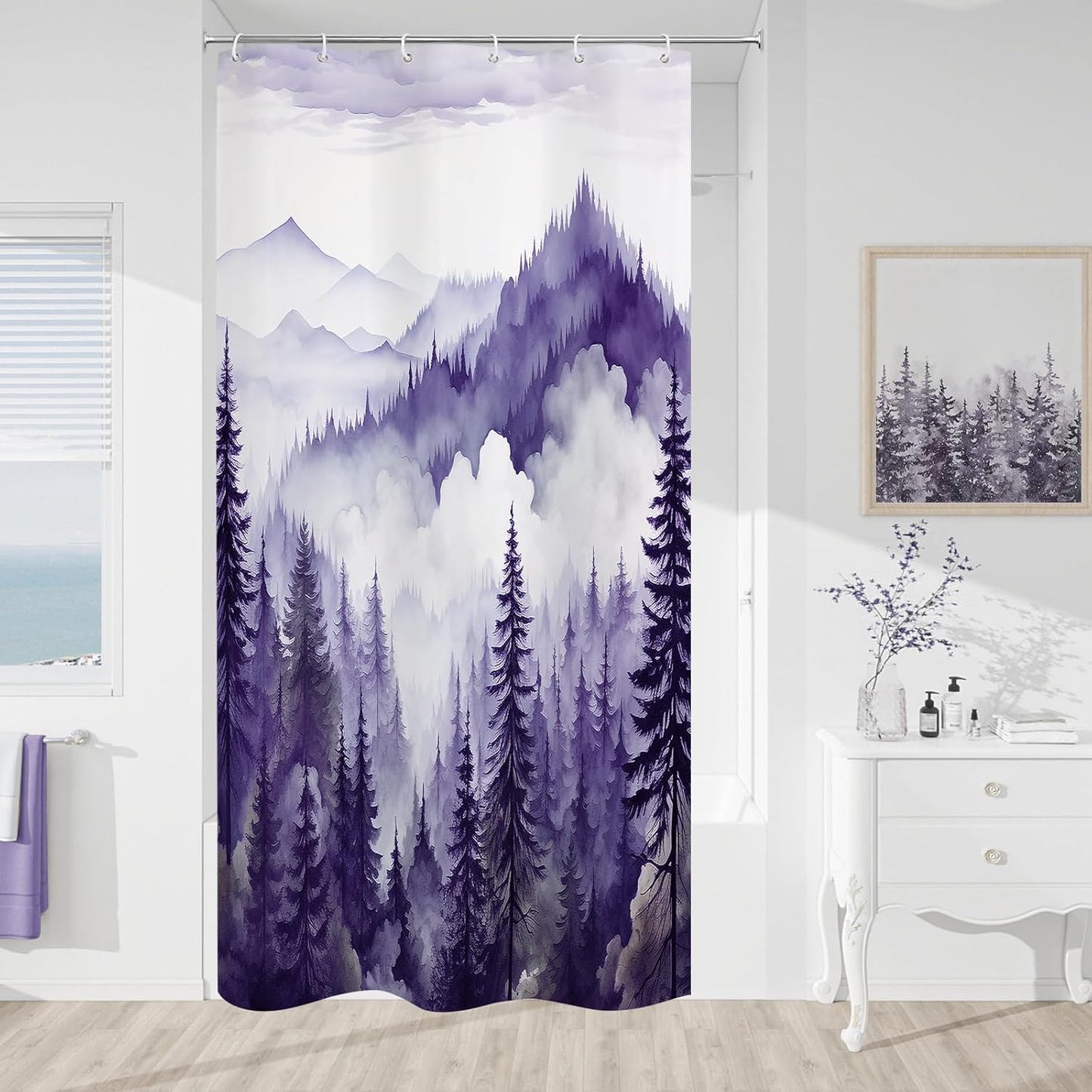 Purple Small Stall Misty Pine Forest Shower Curtain 36 x 72, Mountain Foggy Woodland Scenery Tree Narrow Half Size Shower Curtains for Bathroom, Abstract Waterproof Nature-Themed Decor