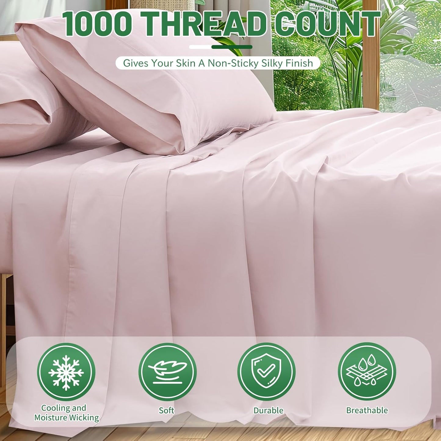 1000 Thread Count Egyptian Cotton Sheets Queen Size Set Sateen Weave Soft Breathable 16-Inch Deep Pocket 4PCS（Queen,Light Pink）