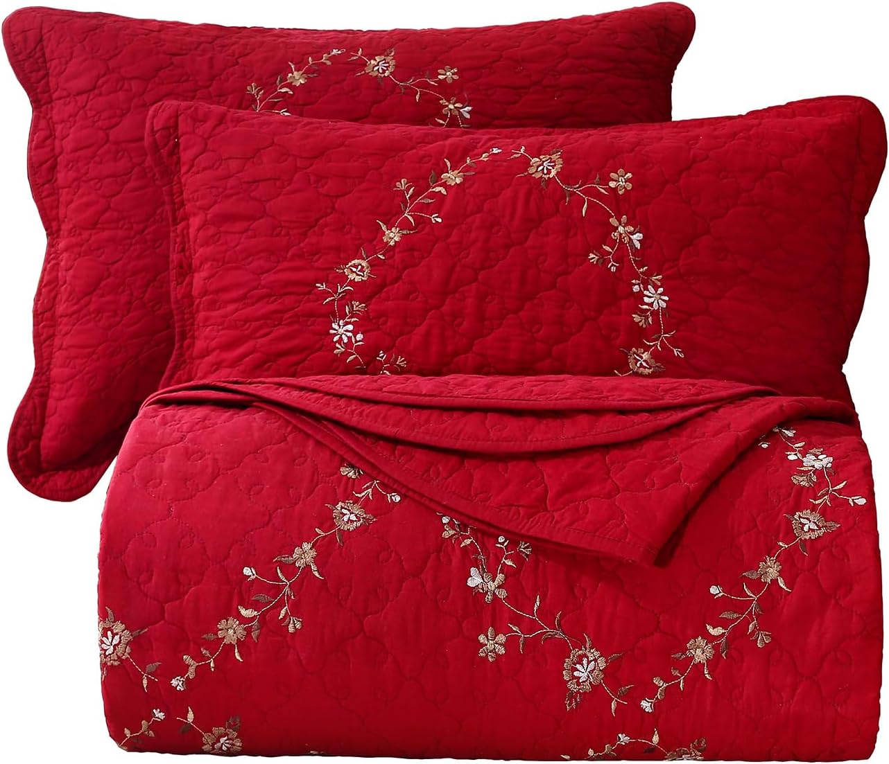 vctops 3-Piece Floral Embroidered Bedspread Coverlet Set Oversized Queen 100% Cotton Reversible Patchwork 1 Quilt and 2 Pillow Shams (Red,Oversize Queen)