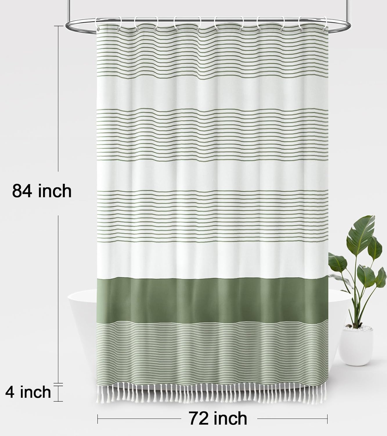 Awellife Sage Green Shower Curtain for Bathroom Stripe Tassel Shower Curtain 72 X 84 Inches Farmhouse Cotton Extra Long