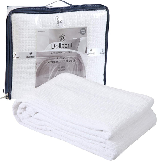 DOLLCENT 100% Cotton Queen Size Blanket for Bed, Premium Soft Combed Lightweight Blankets, Washed Breathable Cozy Bed Throw Blanket, White Queen Cotton Blankets for All Season: White (90"x90")