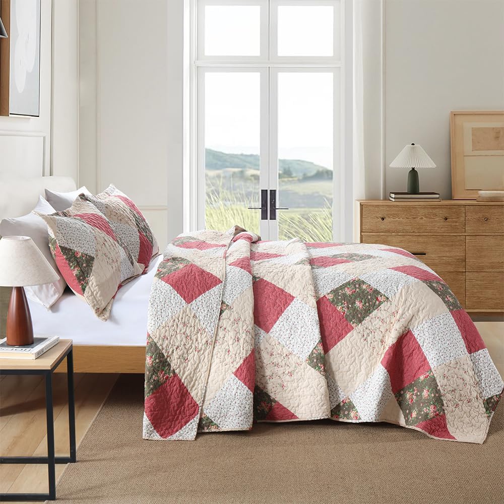 ENASAL Cotton Bedspread Quilt Bedding Sets Reversible Coverlet Sets Comforters Rose Floral Purple White Patchwork Pattern Bedspread for All Season, Queen Size