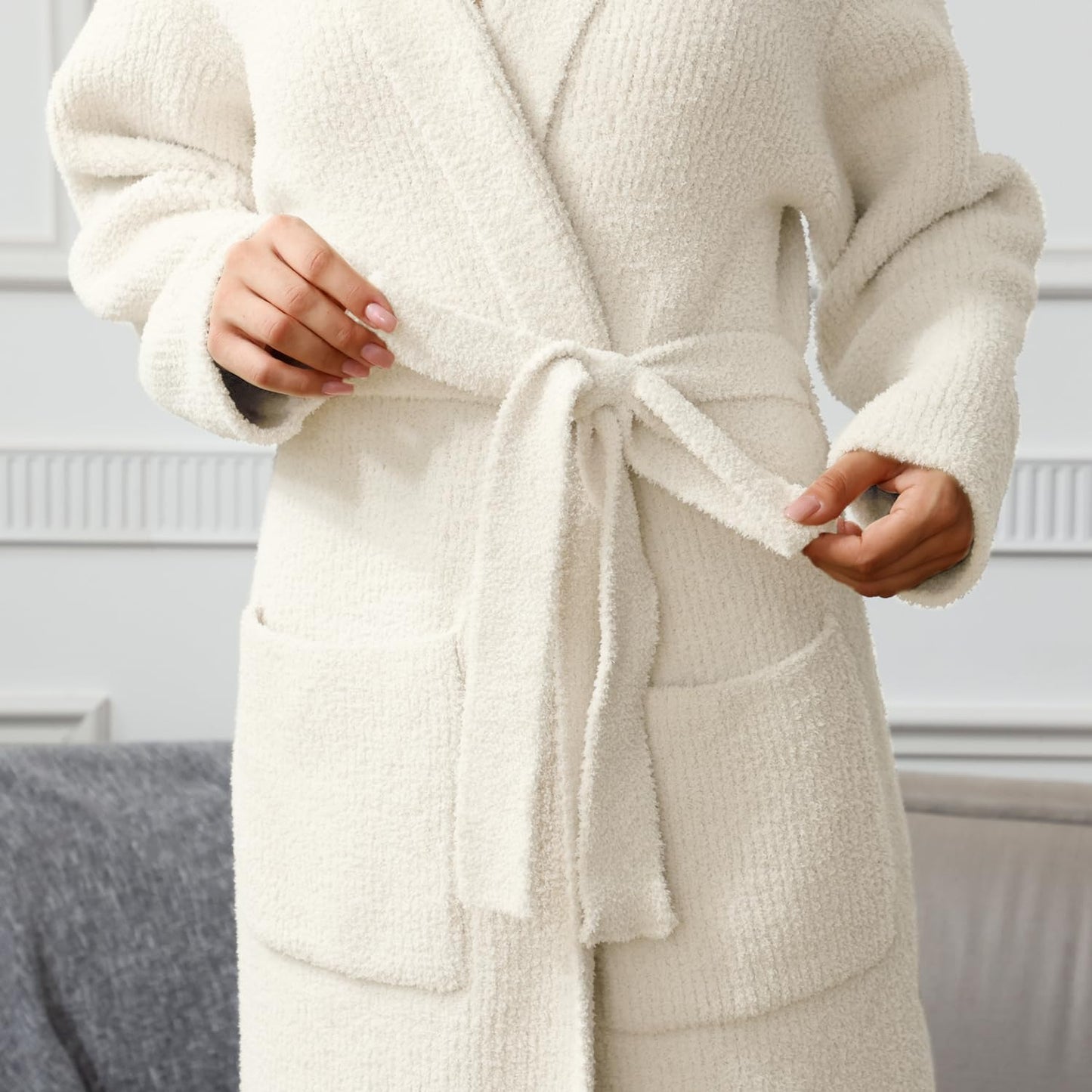 MH MYLUNE HOME Ultra Soft Robe With Pockets, Spa Bathrobe Loungewear Calf-Length, Plush Fuzzy Fluffy Wrap Robe for Women