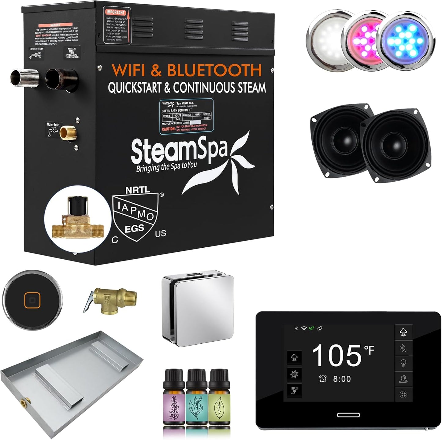 SteamSpa Steam System 7.5kW Steam Shower Generator with Bluetooth Wifi, Quickstart Continous Steam, Advanced Touch Pad Screen, Chroma Lights, Drain Pan and Auto Drain Chrome RVBS750CH-A