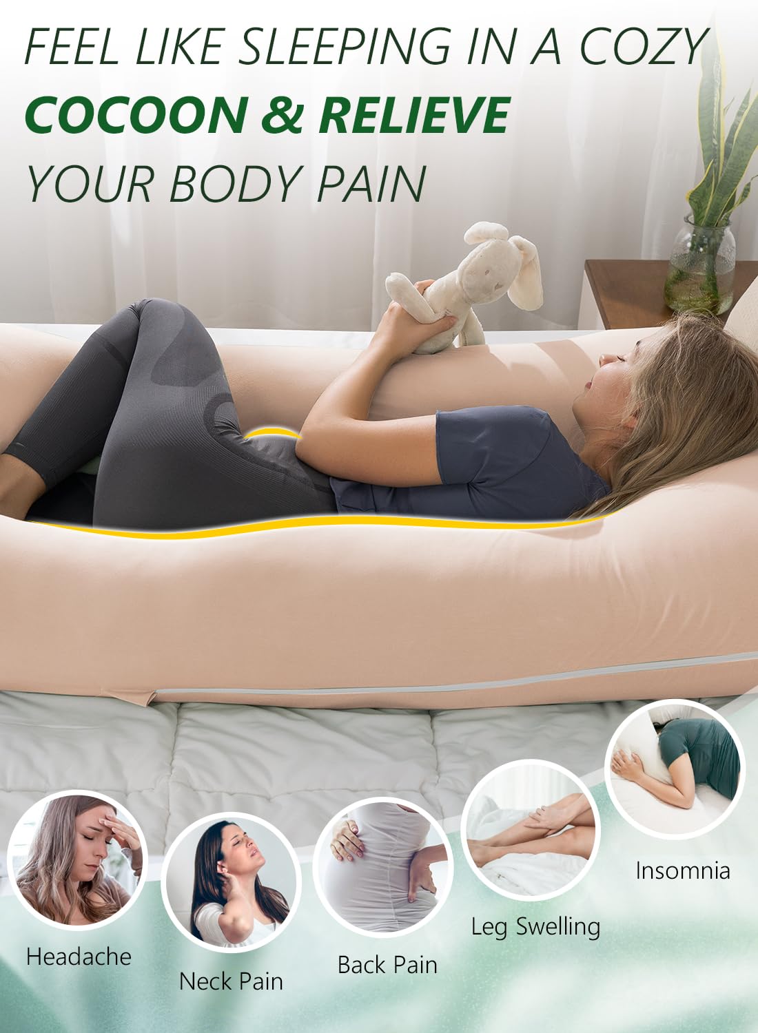 Meiz Pregnancy Pillows, Pregnancy Pillows for Sleeping Cooling, U Shaped Full Body Pillow for Adult, Rayon Cover from Bamboo, Light Apricot