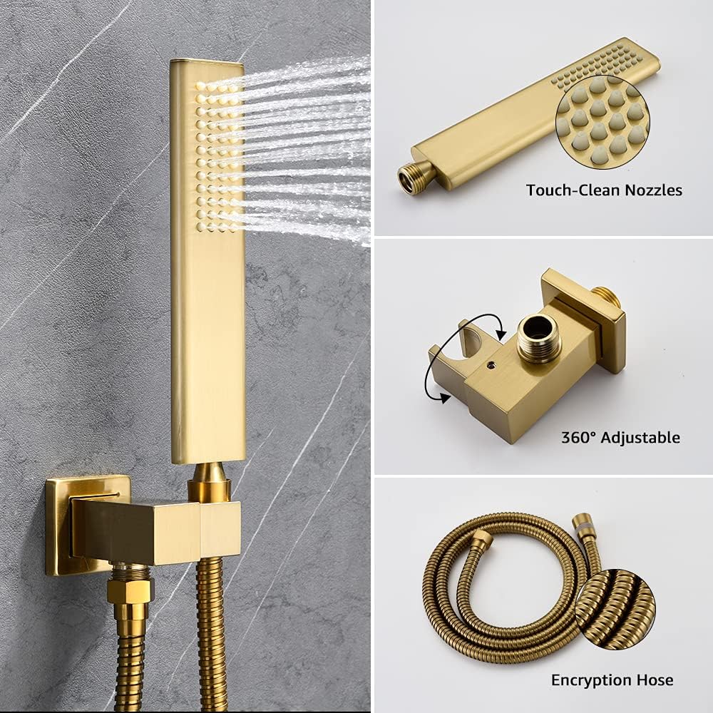 Iriber Brushed Gold Rain Shower System with 10 Inch Shower Head and Handheld Bathroom Wall Mounted Shower Set Contain Shower Faucet Mixer and Trim Kit (Valve Included)