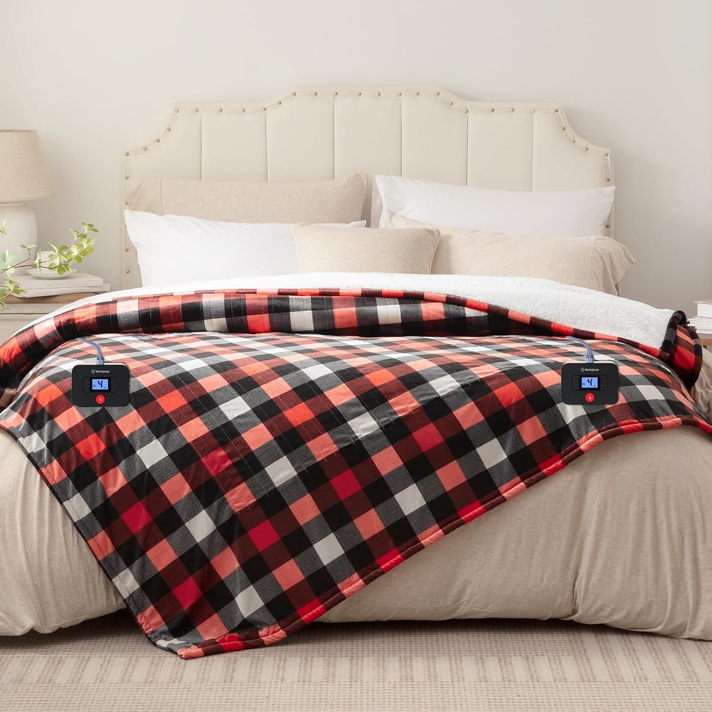 Westinghouse Electric Blanket Queen Size, Soft Flannel to Sherpa Heated Blanket with Dual Control 10 Heating Levels & 1 to 12 Hours Auto-Off, Machine Washable, Fast Heating, 84 * 90 Inch, Red
