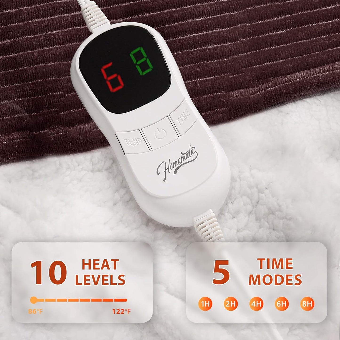 Homemate Heated Blanket Electric Throw - 50"x60" Heating Blanket Throw 1/2/4/6/8 Hours Auto-Off 10 Heat Levels Over-Heat Protection Soft Flannel Sherpa ETL Certification