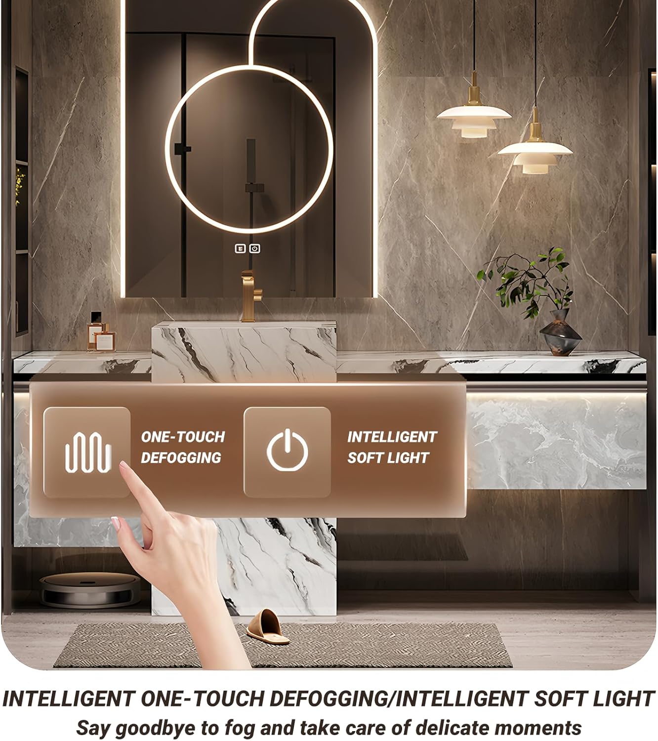 Single Sink Freestanding Bath Vanity, Modern Bath Vanity with LED Smart Mirror, 68IN Solid Wood Floating Bathroom Sink Cabinet with Marble Slate Top and Large Storage Drawer
