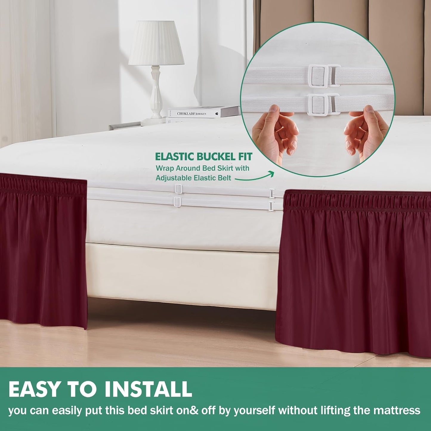 Biscaynebay Wrap Around Bed Skirts with Split Corners for Queen Beds 14" Drop, Burgundy Elastic Dust Ruffles Adjustable Easy Fit Wrinkle & Fade Resistant Silky Luxurious Fabric Machine Washable