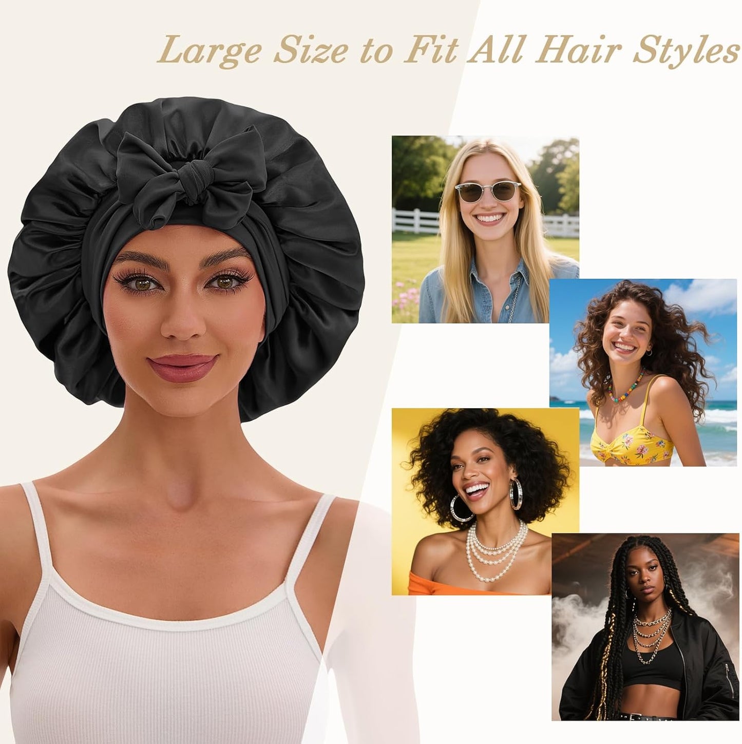 Satin Hair Bonnet for Sleeping Women, Double Layer Silk Bonnets for Women with Tie Band, for Braids Curly Long Hair