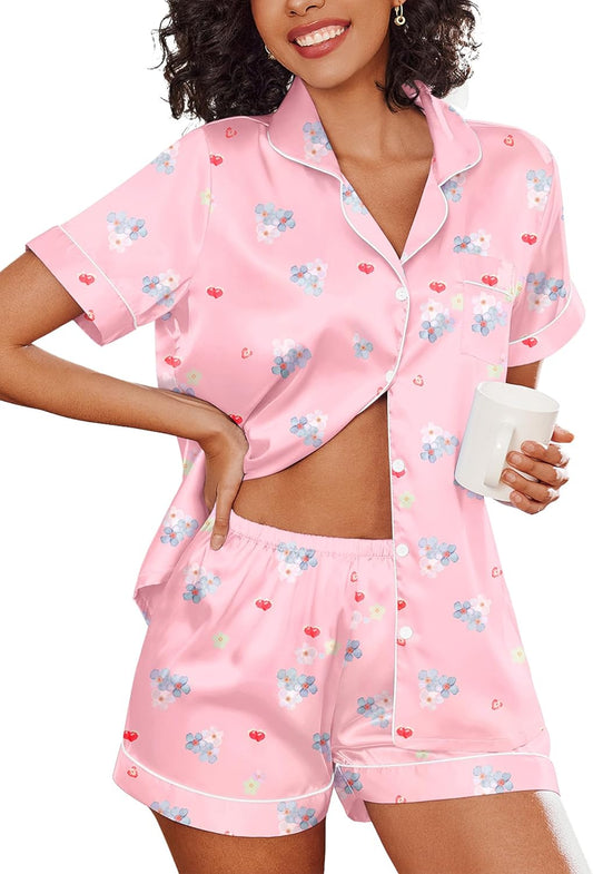 Ekouaer Pajamas for Women Set Silk Satin Pjs Shorts Sleepwear 2 Piece Loungewear S-XXL