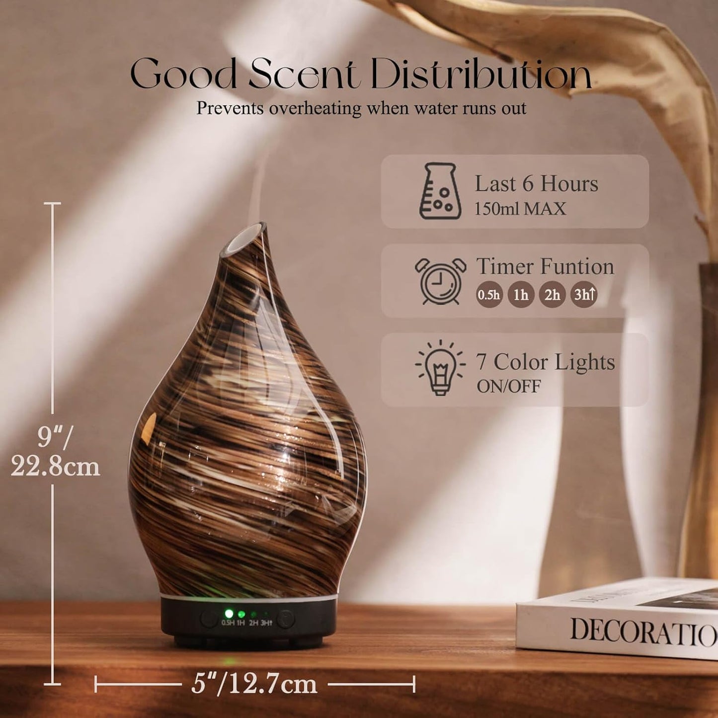 Porseme 150ml Essential Oil Diffuser Glass Color Changing Aroma Air Diffusers Aromatherapy Ultrasonic Cool Mist Humidifier 6 Running Hours Waterless Auto-Off for Sleeping Yoga Office Spa (Dark Golden)