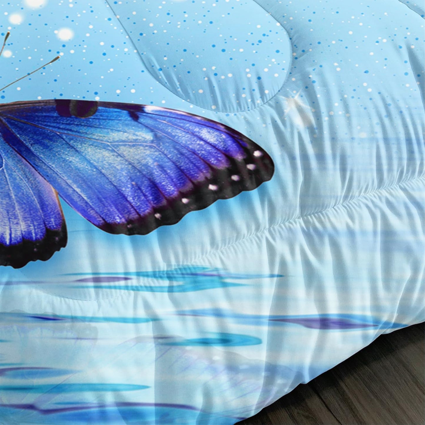 Fantasy Blue Themed Aesthetic Bedding Full Comforter Set,Butterflies on Water with Falling Flowers Comforter Sets for Kids Girls Boys,Pretty Butterfly Pattern Bedding Sets with 2 Pillowcases.