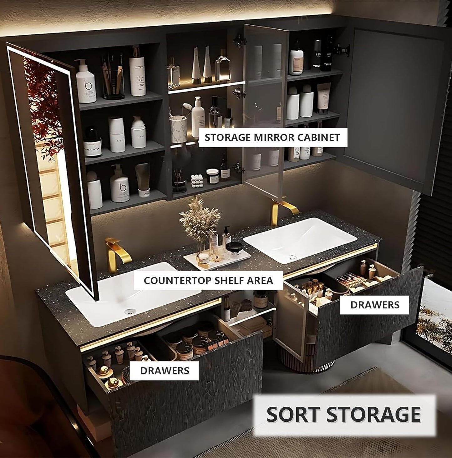 56" Double Bathroom Sink Vanity, Modern Bathroom Vanity Includes LED Smart Defogging Mirror Cabinet & Semi-Open Storage & Ceramic Basin, Floating Bathroom Cabinet with Sensor Light (Dark Brown)