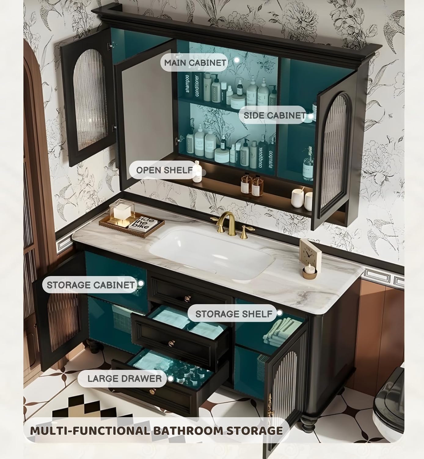 Freestanding Bathroom Vanity with Sink, Solid Wood Bathroom Vanity Set, Vintage Bathroom Vanities with Large Capacity Storage Cabinet and Open Shelf, Elegant Vanities (Black,76")