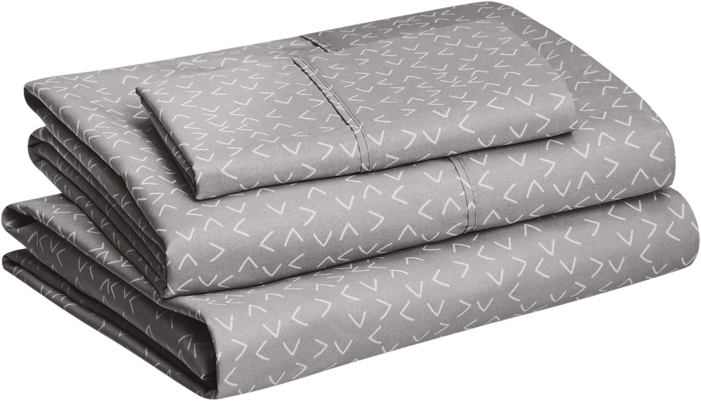 Amazon Basics Lightweight Super Soft Easy Care Wrinkle Free Microfiber 3 Piece Bed Sheet Set with 14-Inch Deep Pockets, Twin, Gray Arrows, Printed, Kids, Men & Women Bedding (Pack of 4)