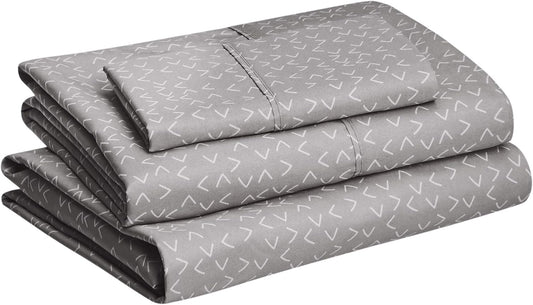 Amazon Basics 3-Piece Lightweight Super Soft Easy Care Microfiber 14" Deep Pockets Sheet Set, Twin XL, Gray Arrows, Printed