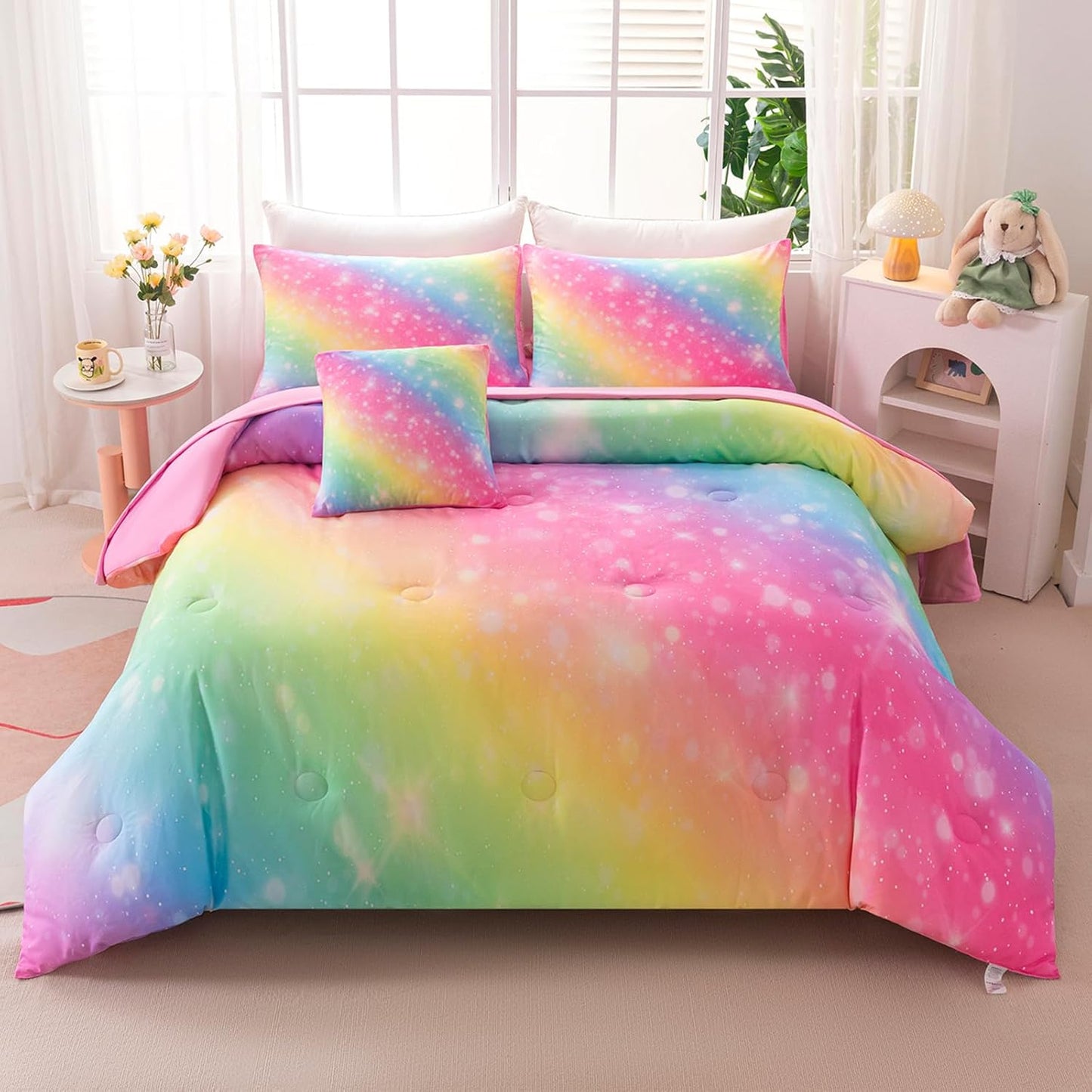 4Pcs Twin Size Comforter Set for Girls Kids, Gradient Rainbow Glitter Girls Bedding Set with Sheets, Soft & Breathable Kids Bed for Gift Bedroom Decor
