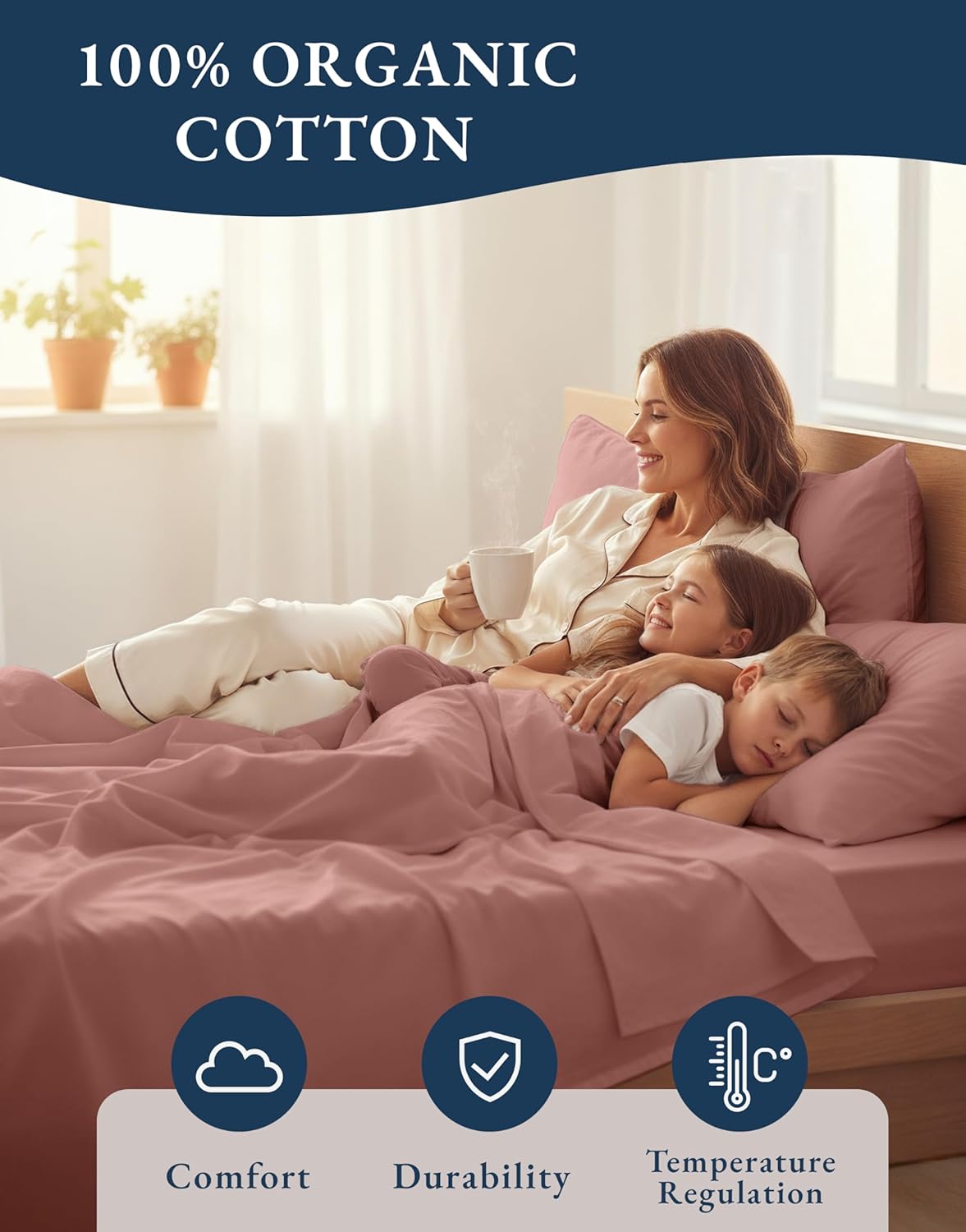 LANE LINEN 100% Organic Cotton Twin Sheet Set, Soft & Comfy Premium Bedding Sheets & Pillowcases, Luxury Hotel Like Percale Sheets, Reinforsed French Seam in Fitted Sheets Pocket - Rose Dawn