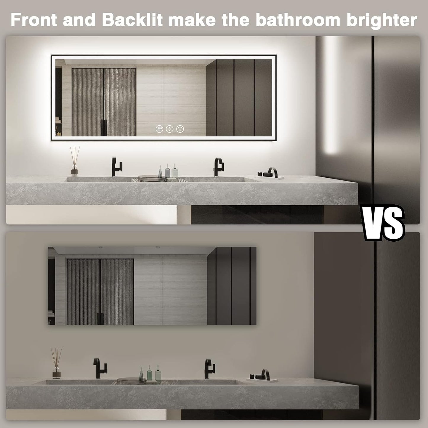 96x36 Large LED Bathroom Mirror with Lights - Black Aluminum(Front and Backlit),Anti-Fog Lighted Mirror for Wall,Stepless Dimmable Lighted Mirror,3 Colors Smart Mirror(Horizontal/Vertical)