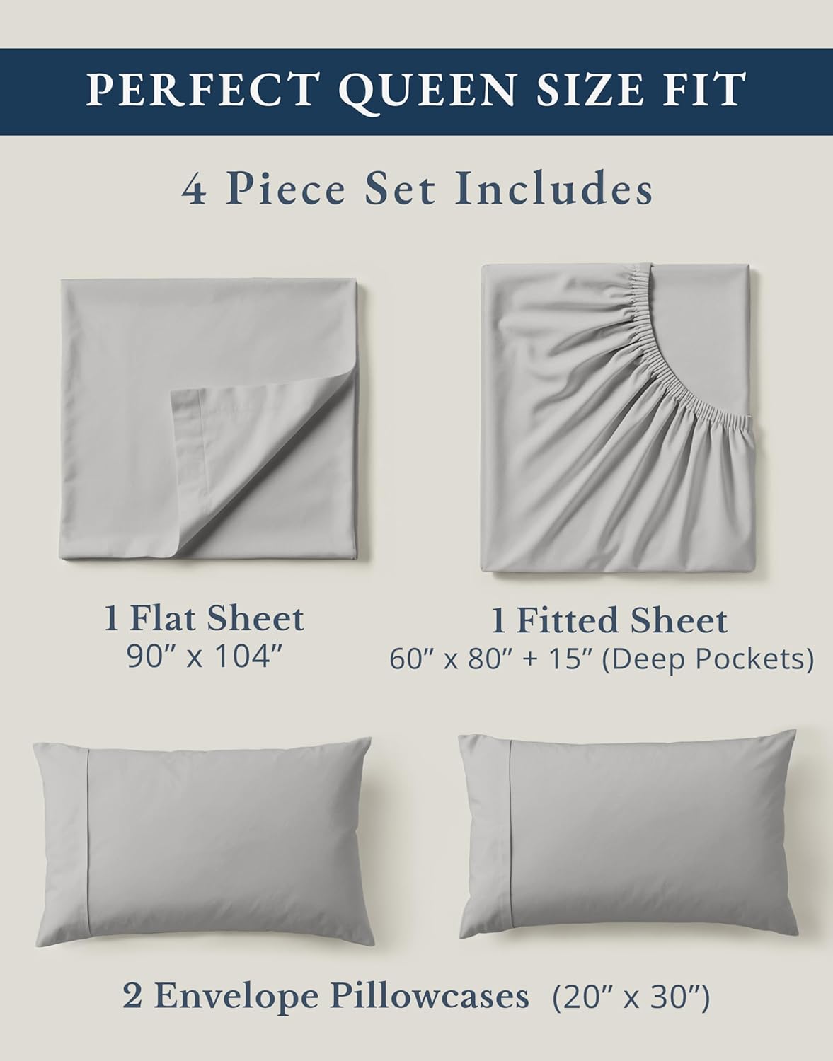 LANE LINEN 100% Organic Cotton Mercerized Queen Sheets, Soft & Comfy Naturally Cooling Cotton Sheets Queen Size Set, Classic Percale Weave Low Pill Fade Resistant Queen Bed Sheets- Silver