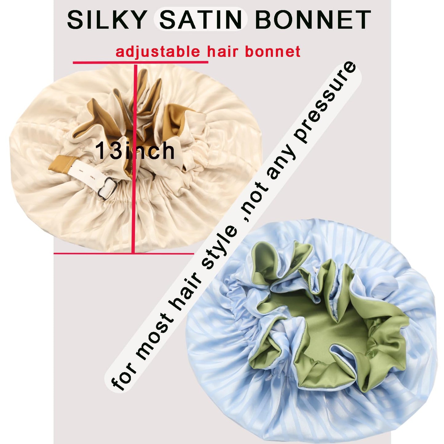 Satin bonnet 2PCS silk hair bonnet cap for women reversible for sleeping Adjustable Night sleep cap for curly natural hair double-layer and Washable Can Be Used Shower (Apricot &Blue stripe)