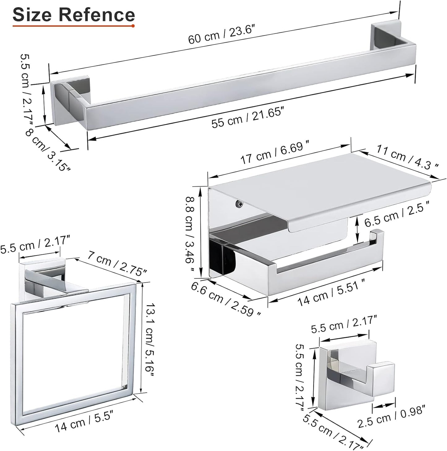 4-Piece Bathroom Hardware Set Chrome Bath Towel Bar Holder Sets Wall Mounted Stainless Steel Square Bathroom Accessory Kit, Polished Chrome 23.6 Inch