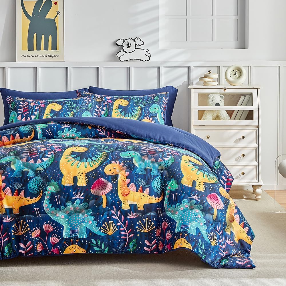 Wajade 7 Piece Dinosaur Comforter Set for Boys 3D Blue Dinosaur Print Bedding Set for Kids Teens Bed in A Bag Queen Size (1 Comforter, 1 Flat Sheet, 1 Fitted Sheet, 2 Pillowcase and 2 Pillow Sham)