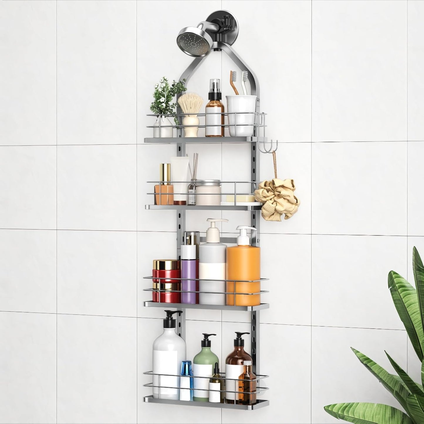 Shower Caddy Hanging (Silver), Adjustable Anti-Swing-Over The Shower Head Caddy, 4 Tier Height Bathroom Storage Organizer Bathroom Shelves Basket Rack Shower Caddies (4Tier)