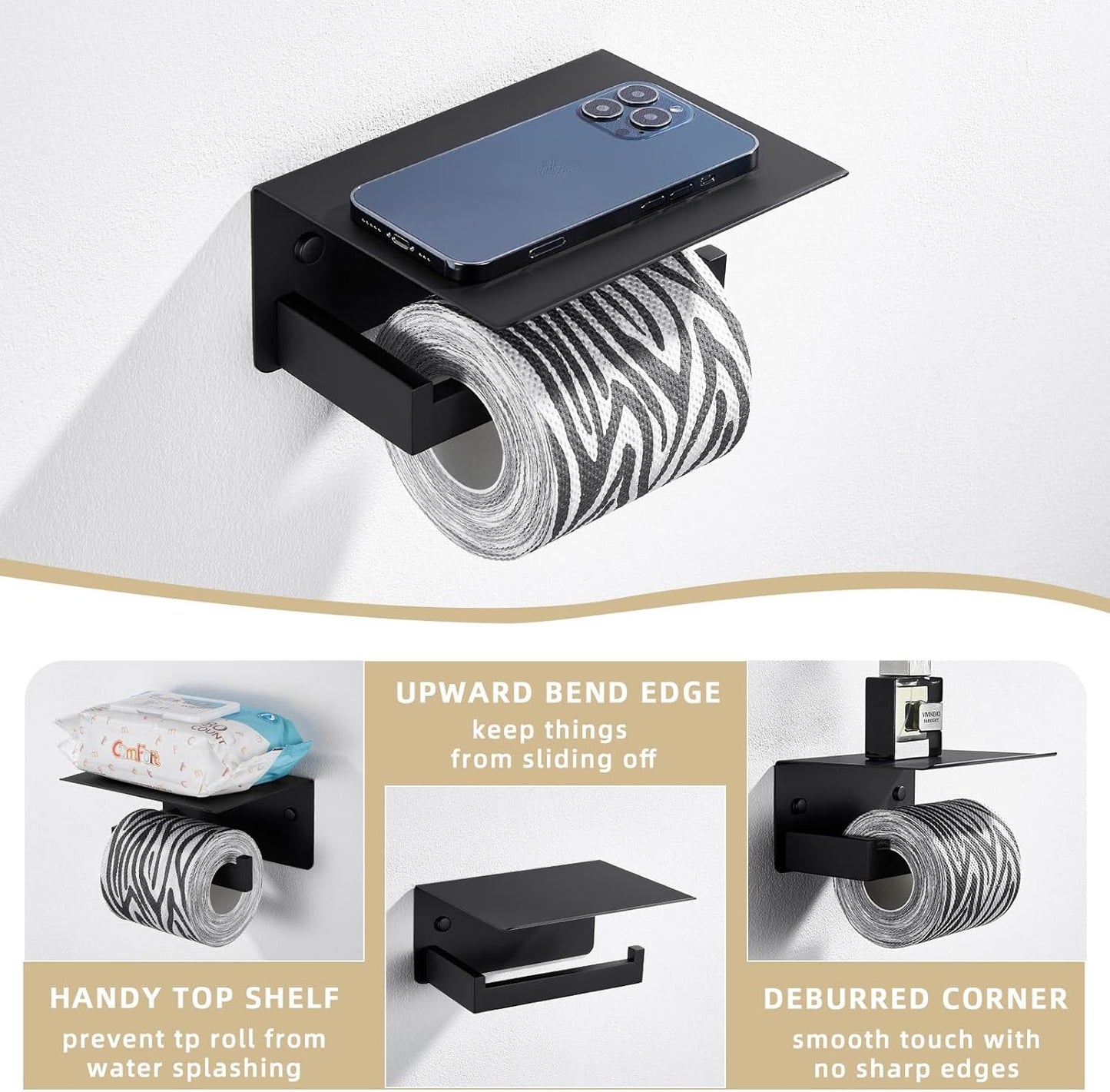 Angle Simple Toilet Paper Holder with Shelf Matte Black, 304 Stainless Steel Lavatory Tissue Roll Holder for Wall