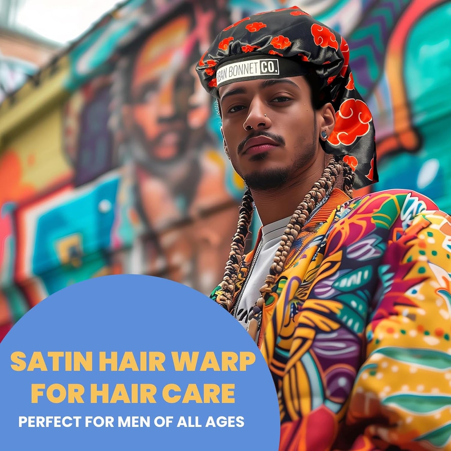 Premium Non Slip Satin Hair Bonnet for Men Curly Hair, Dreadlock Loc Cap Silk Bonnet Double Layer Sleeping & Shower Wrap Anime Bonnet Soft Band (Red Clouds)