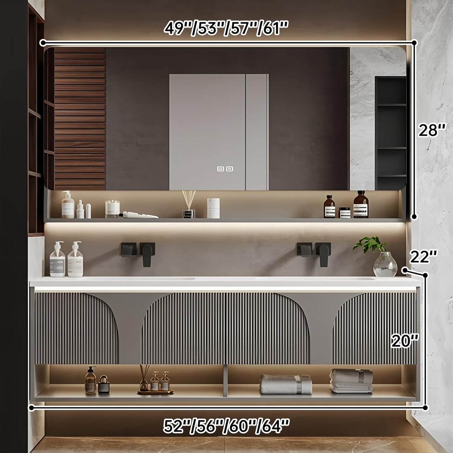Double Bathroom Vanity with Sink, 60IN Floating Bathroom Vanity Set with Smart Defogging Mirror Cabinet and Open Shelf, Oak Wood Bathroom Cabinet with Two Drawers and Bottom Open Storage (Grey)