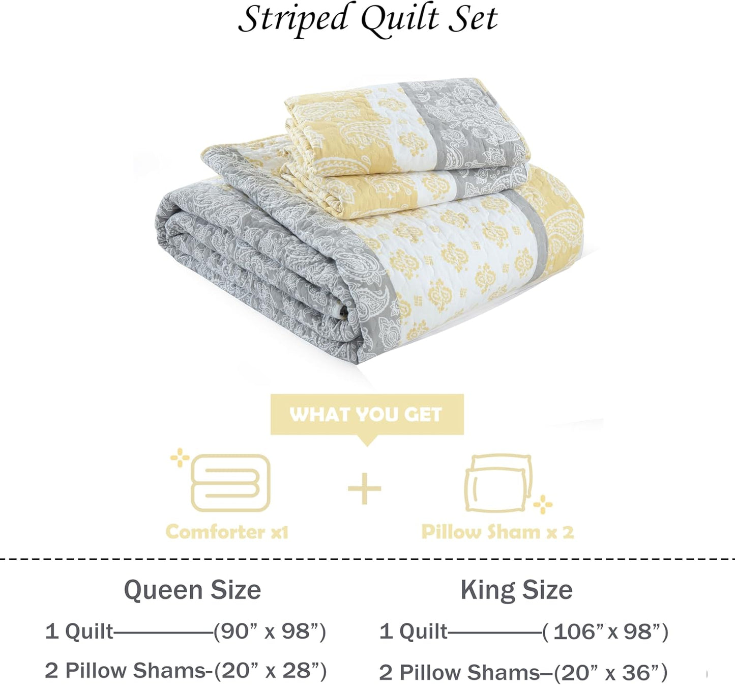 Yellow Quilts Queen Size, Cotton Bed Set, Yellow Grey White Comforter, Striped Bedding Queen Size, Lightweight Luxury Bedspread,3 Piece