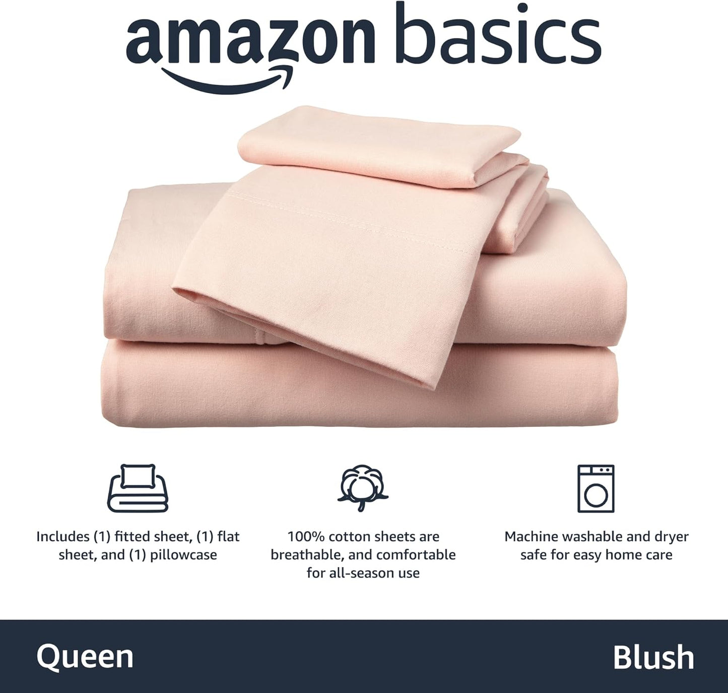 Amazon Basics 4 Piece Bed Sheets Set, 100% Cotton Jersey, Includes Super Soft, Flat and Fitted Sheets, Pillowcase, Queen, Blush, Solid