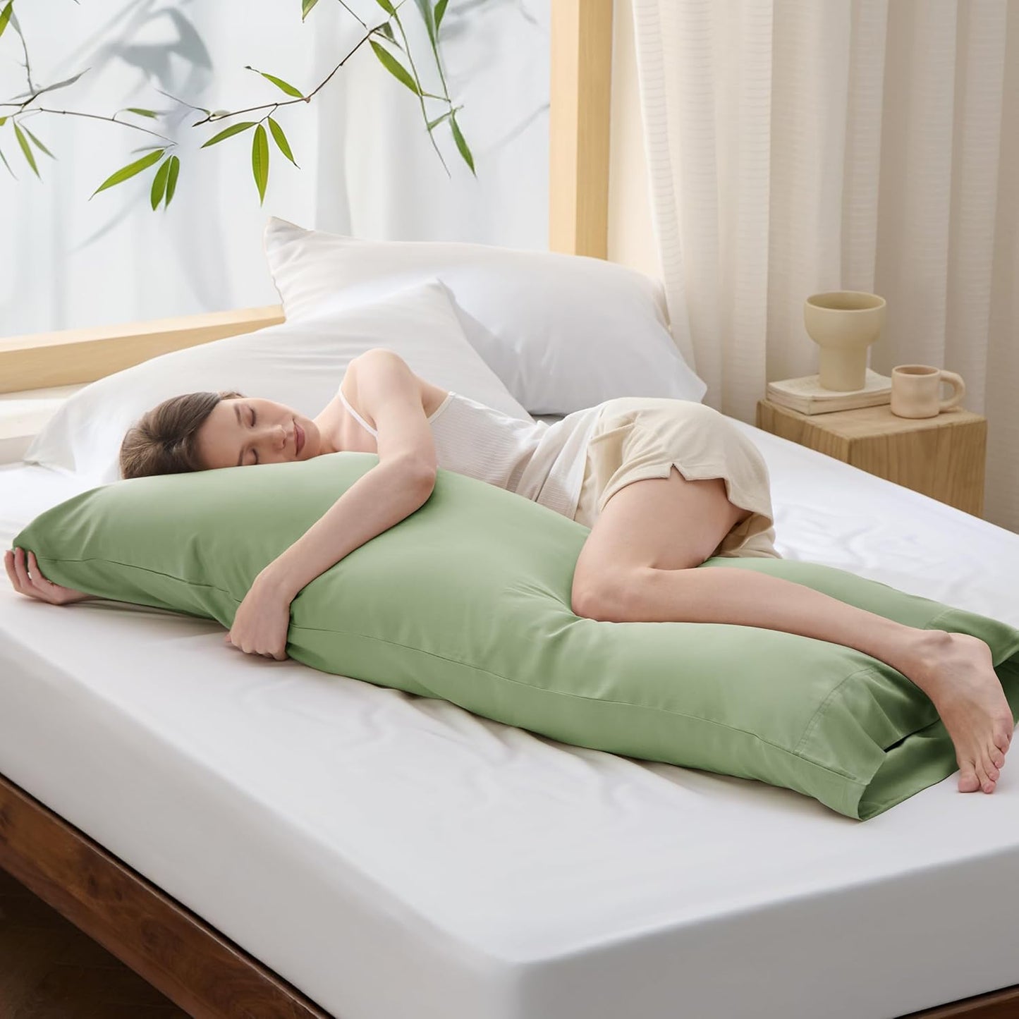 Bedsure Body Pillow Cover, Cooling Body Pillow Pillowcase for Hot Sleepers, Rayon Derived from Bamboo, Breathable & Silky Soft Long Pillow Case Cover with Envelope Closure, Sage Green, 20x54 Inches