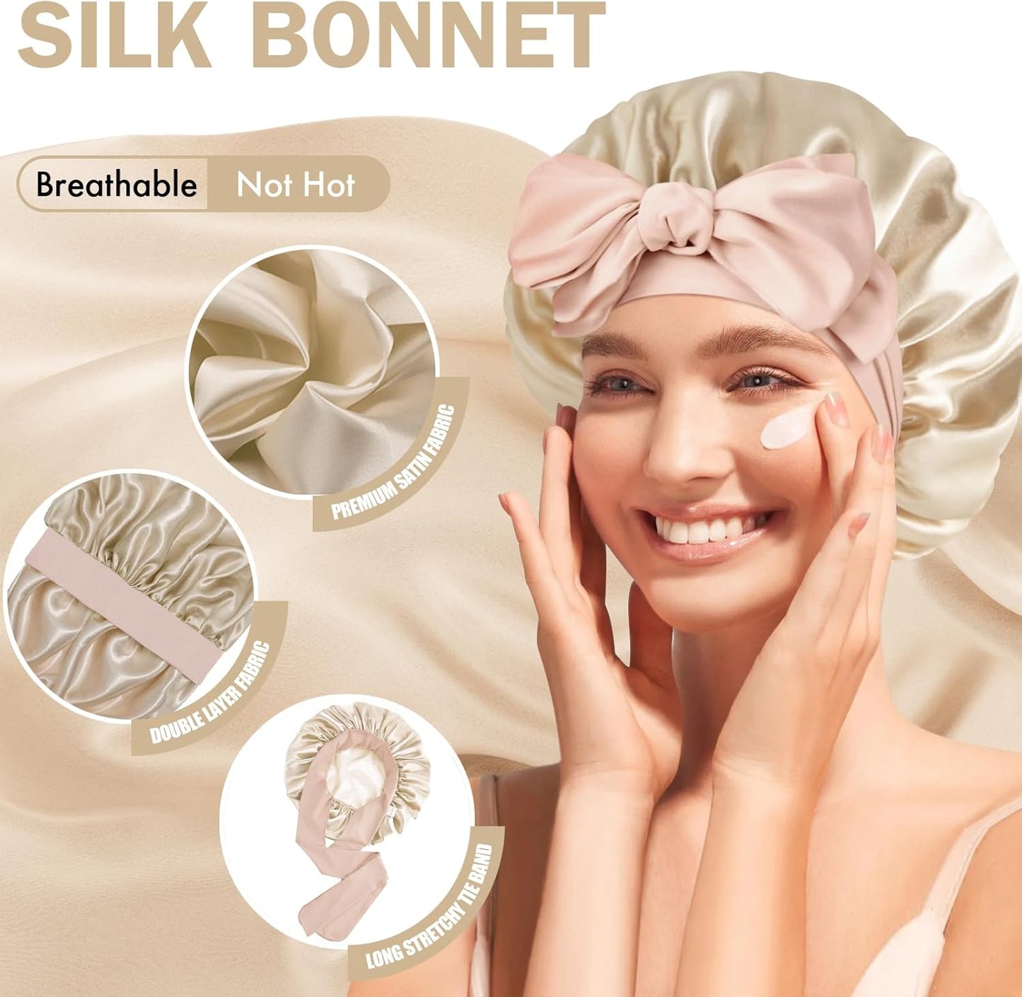 Silk Bonnet for Sleeping Women, Adjustable Soft Satin Lined Bonnet with Tie Band, Double Layer Sleep Night Cap