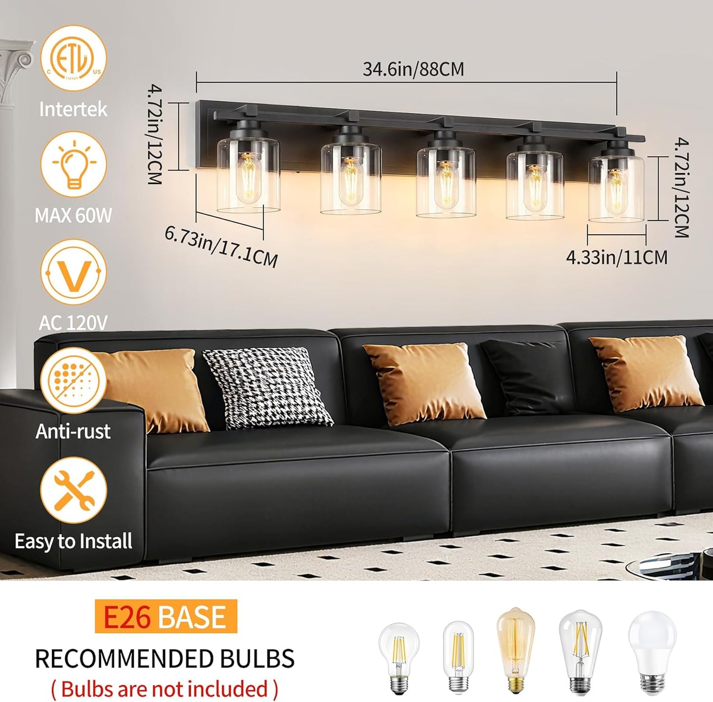 5 Light Modern Bathroom Light Fixtures Over Mirror, Black Vanity Lights for Bathroom Wall Sconces with Clear Glass Shades, E26 Socket (Bulbs Not Included)