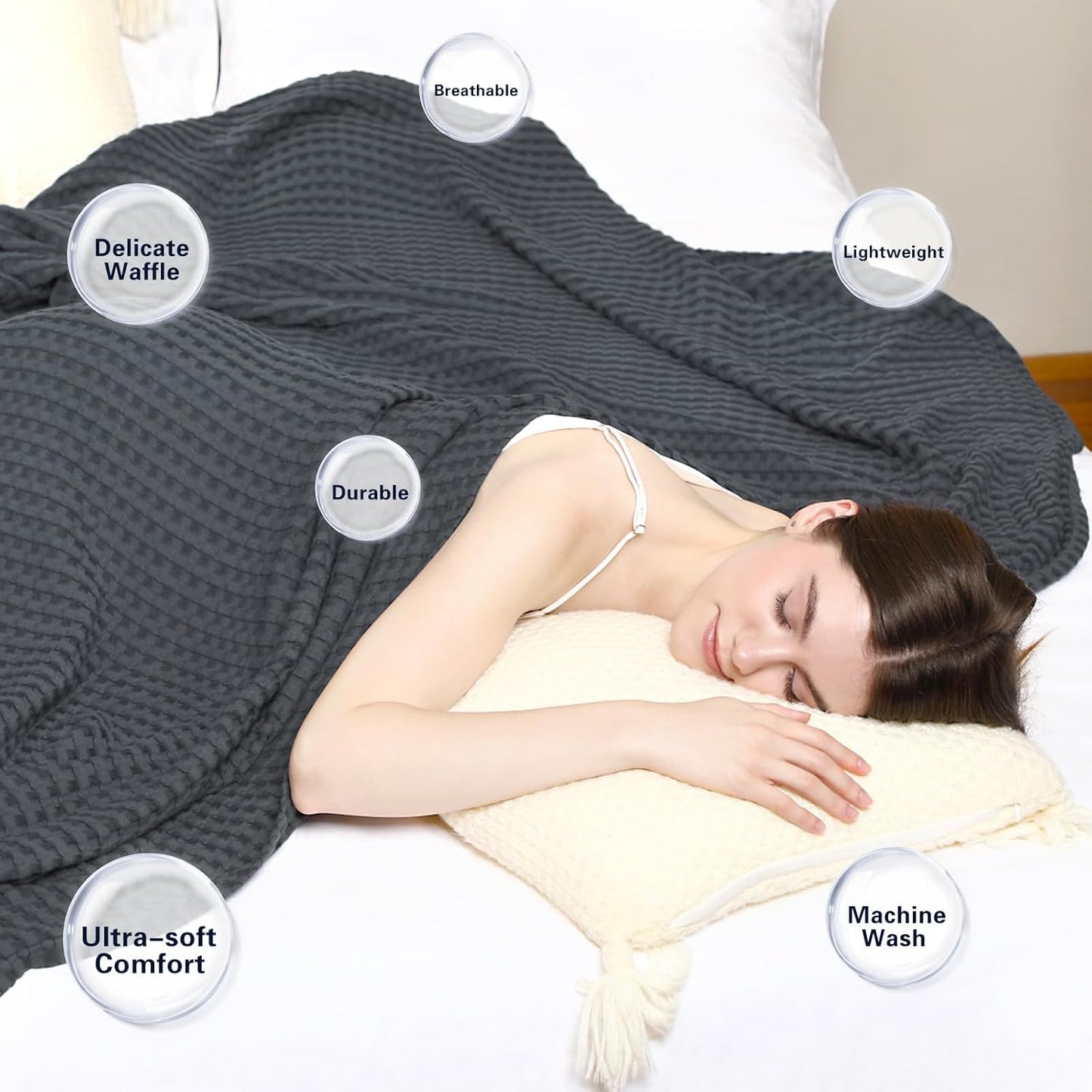 Aganear Waffle Blanket - Lightweight Breathable Summer Blanket of 50% Cotton and 50% Rayon Derived from Bamboo for Hot Sleepers Luxury Throws for Bed, Couch and Sofa,Dark Grey,90x90 Inches