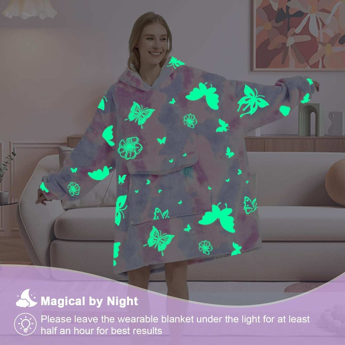 Glow in The Dark Butterfly Wearable Blanket Hoodie for Adult,Oversized Sherpa Fleece Blanket Hoodie for Women,Butterfly