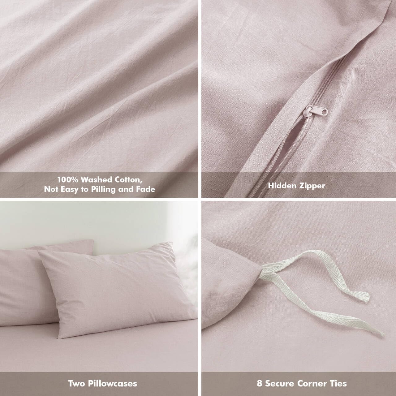 FOSSA Duvet Cover Set 100% Washed Cotton Linen Feel Super Soft Breathable Cozy 3 Pieces Bedding Sets Solid Greyish Pink Super King Plus
